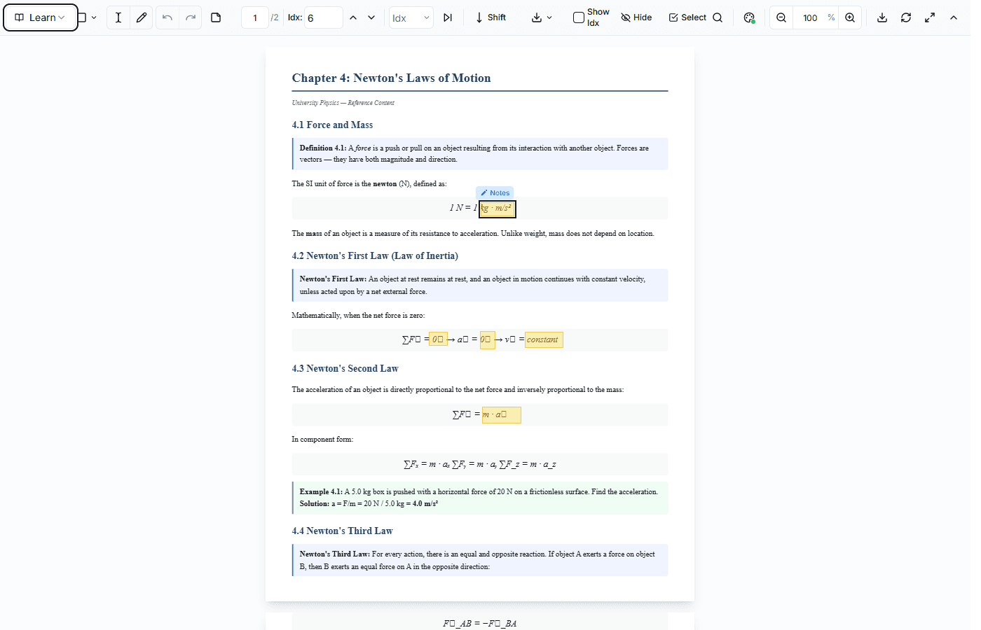 Annotating a physics PDF with highlights, notes and hints in Lernation